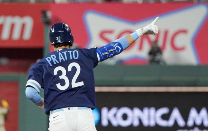 Aug 26, 2022; Kansas City, Missouri, USA; Kansas City Royals first baseman Nick Pratto (32) celebrates while rounding the bases after hitting a two-run home run against the San Diego Padres in the fourth inning at Kauffman Stadium. Mandatory Credit: Denny Medley-USA TODAY Sports